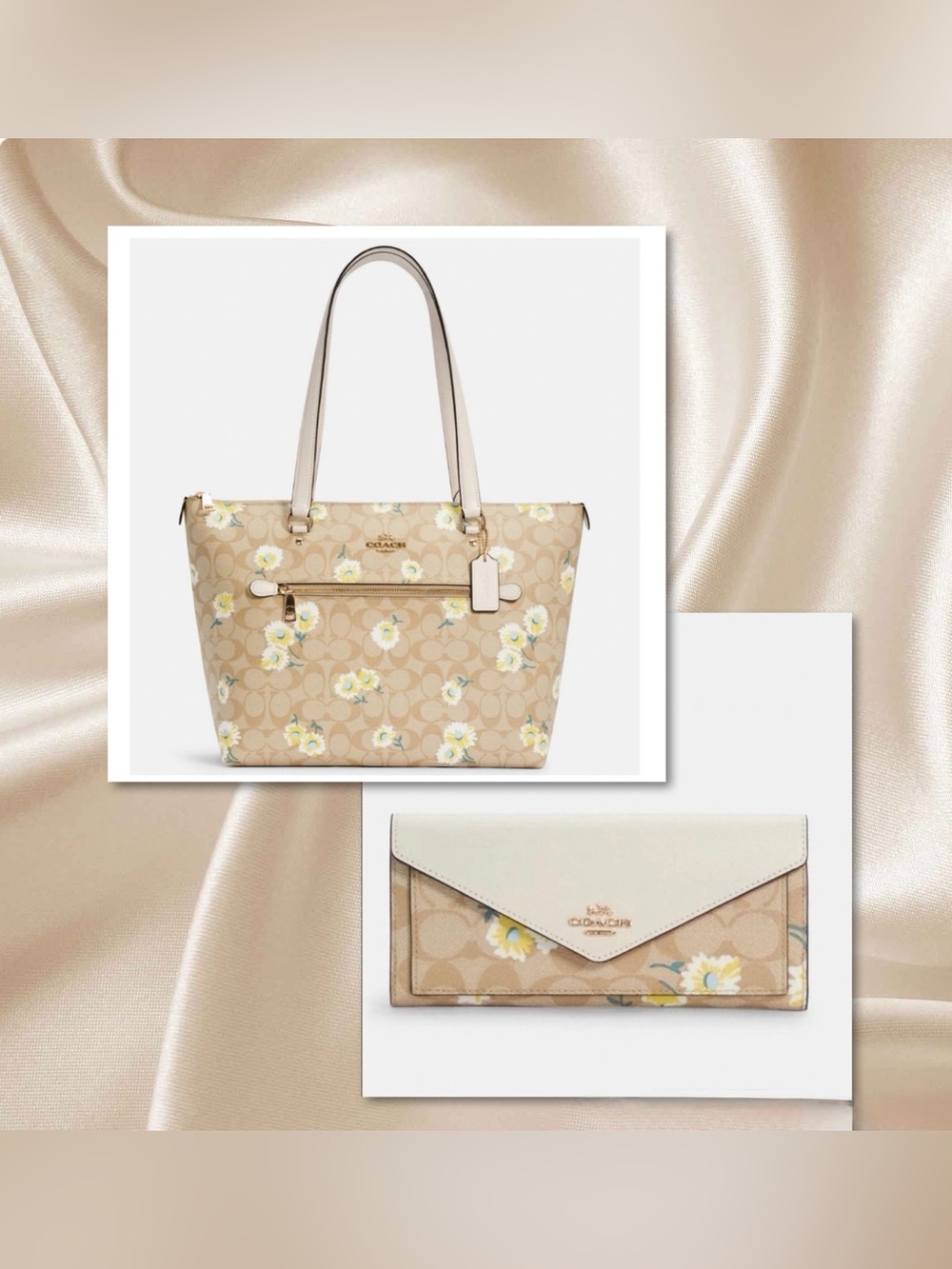 Coach SIGNATURE DAISY PRINT GALLERY Tote/Envelope Wallet 2pc Set
